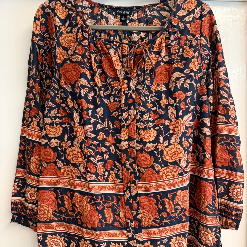 Lucky Brand Navy Floral Tie-Neck Peasant Top - Orange Floral Print, Size S
